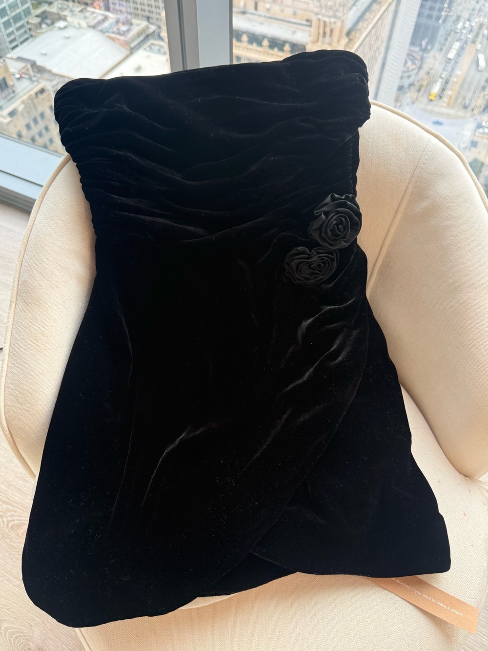 Reformation Black Velvet Strapless Dress with Rosette Detail